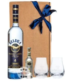 Beluga Vodka Geschenkset: Transatlantic Vodka + Mini + 2 Wodka-Gläser