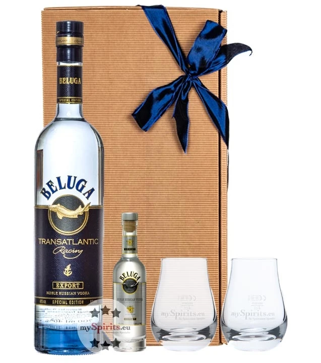 Beluga Vodka Geschenkset: Transatlantic Vodka + Mini + 2 Wodka-Gläser 1 Beluga Vodka Geschenkset: Transatlantic Vodka + Mini + 2 Wodka-Gläser