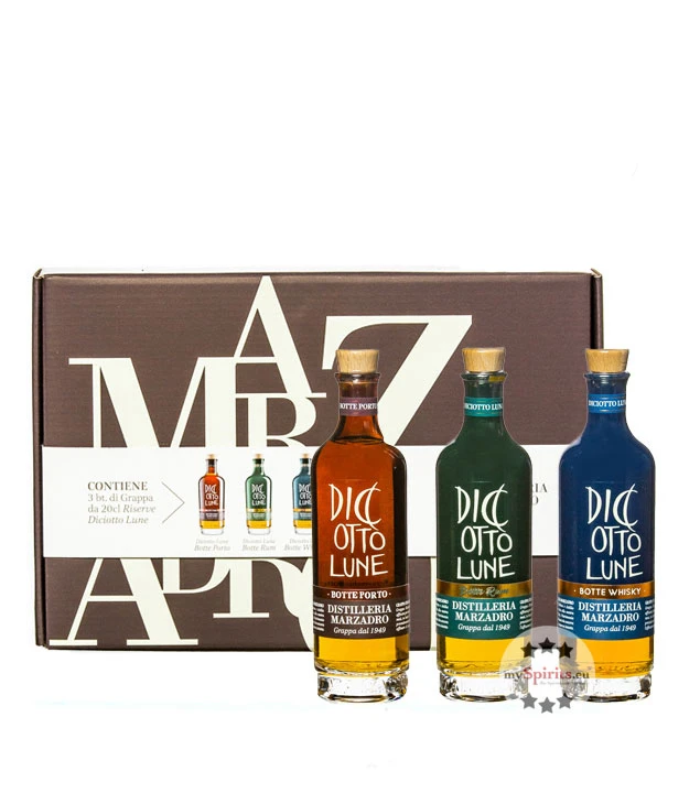 Marzadro Geschenkset Riserve Grappa Diciotto Lune Botte Porto, Rum & Whisky 1 Marzadro Geschenkset Riserve Grappa Diciotto Lune Botte Porto, Rum & Whisky